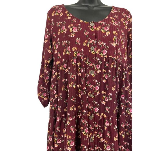 ke•ned•ik Smock Dress Floral Burgundy Button Front Tabbed Sleeve Size S - Picture 2 of 5